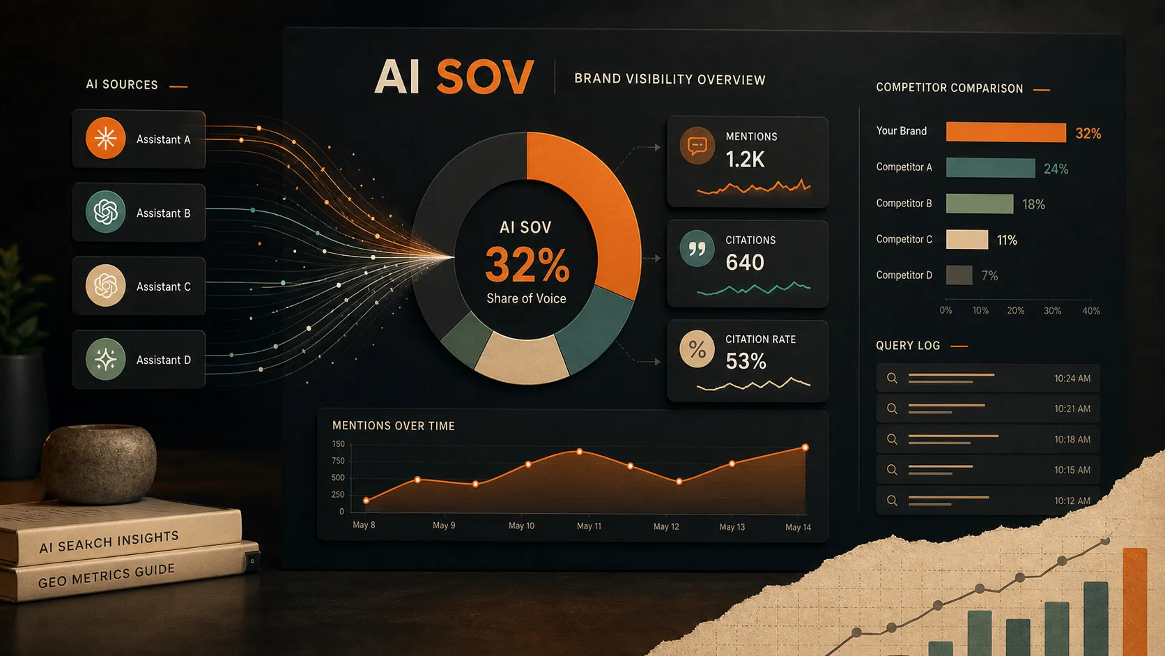 Team reviewing analytics dashboard on multiple screens for AI brand tracking