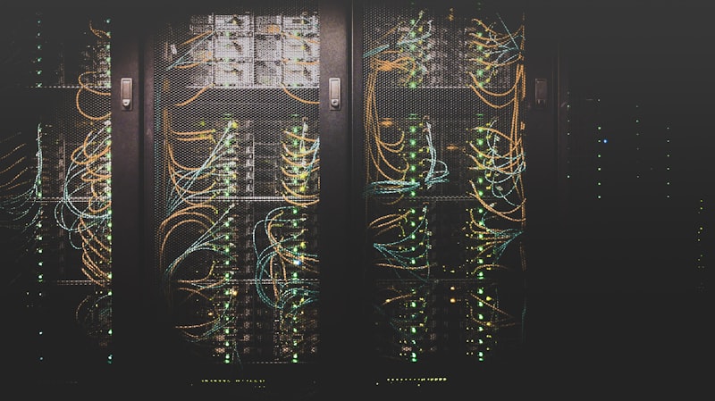 Network diagram visualization showing software integrations and connected systems with glowing nodes